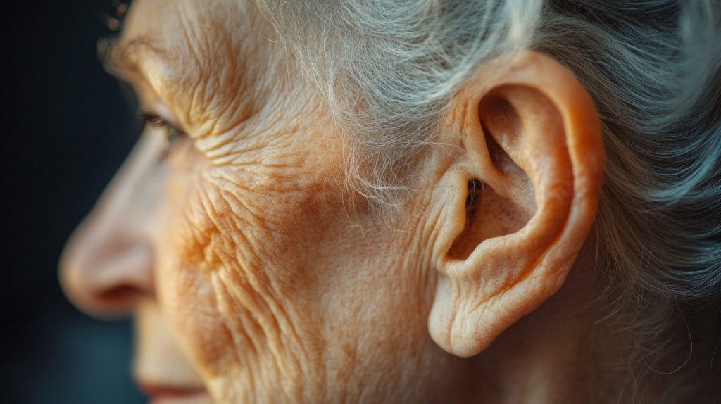 Close-up of an elderly person's ear, hearing problems.Health materials, articles on geriatrics, social projects to support the elderly.